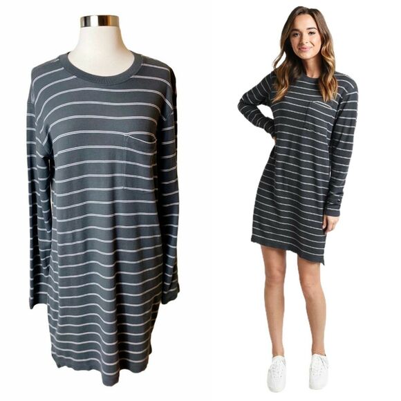 ATM ANTHONY THOMAS MELILLO T-Shirt Dress Piqie Striped Cotton Jersey Gray NWT - Picture 2 of 9